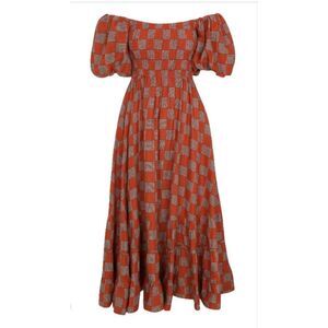 Fashion Brand Company Picnic Gown Soft Linen Orange Checkers Maxi Dress 5X 6X